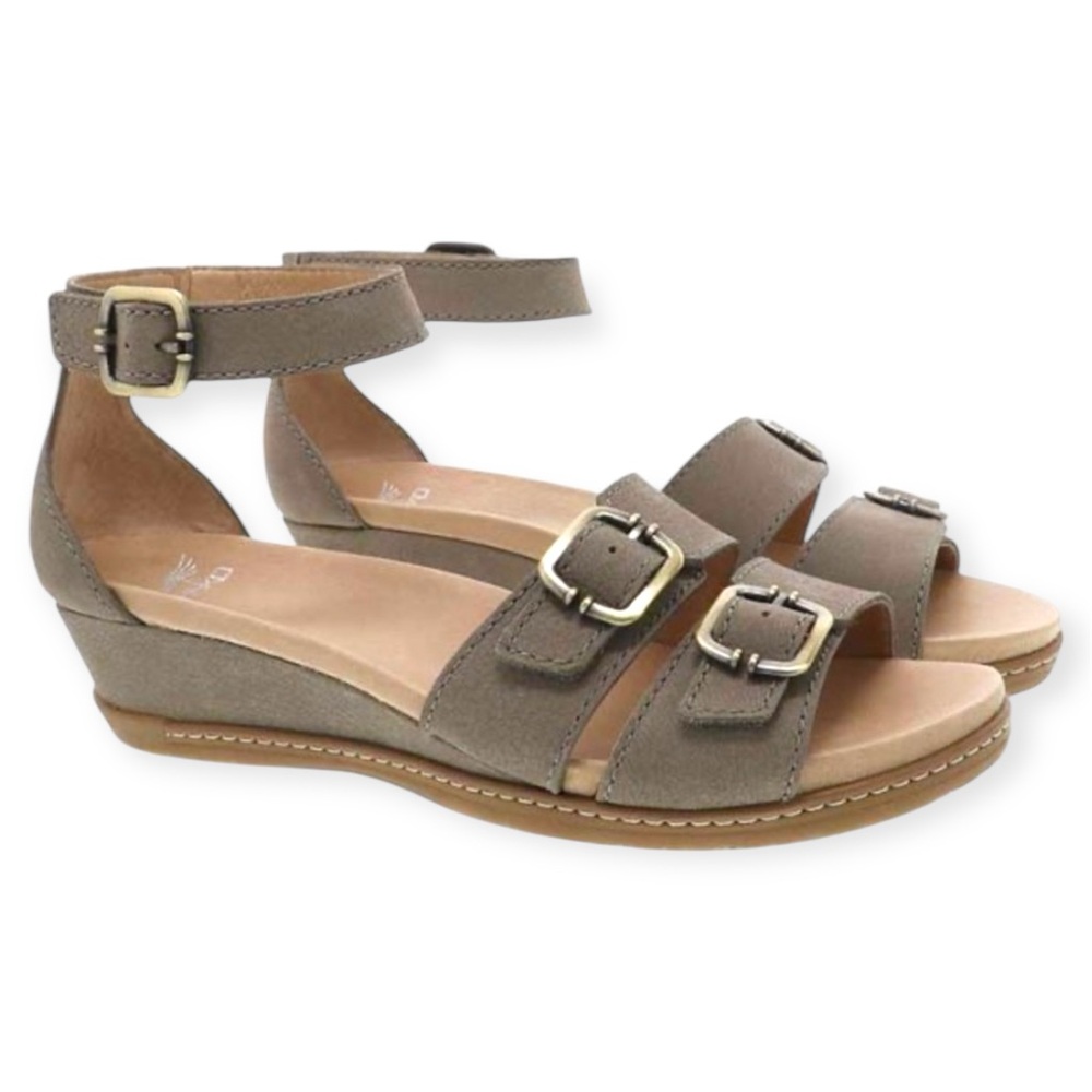 Dansko Taupe Suede Ankle Strap Wedge Sandals